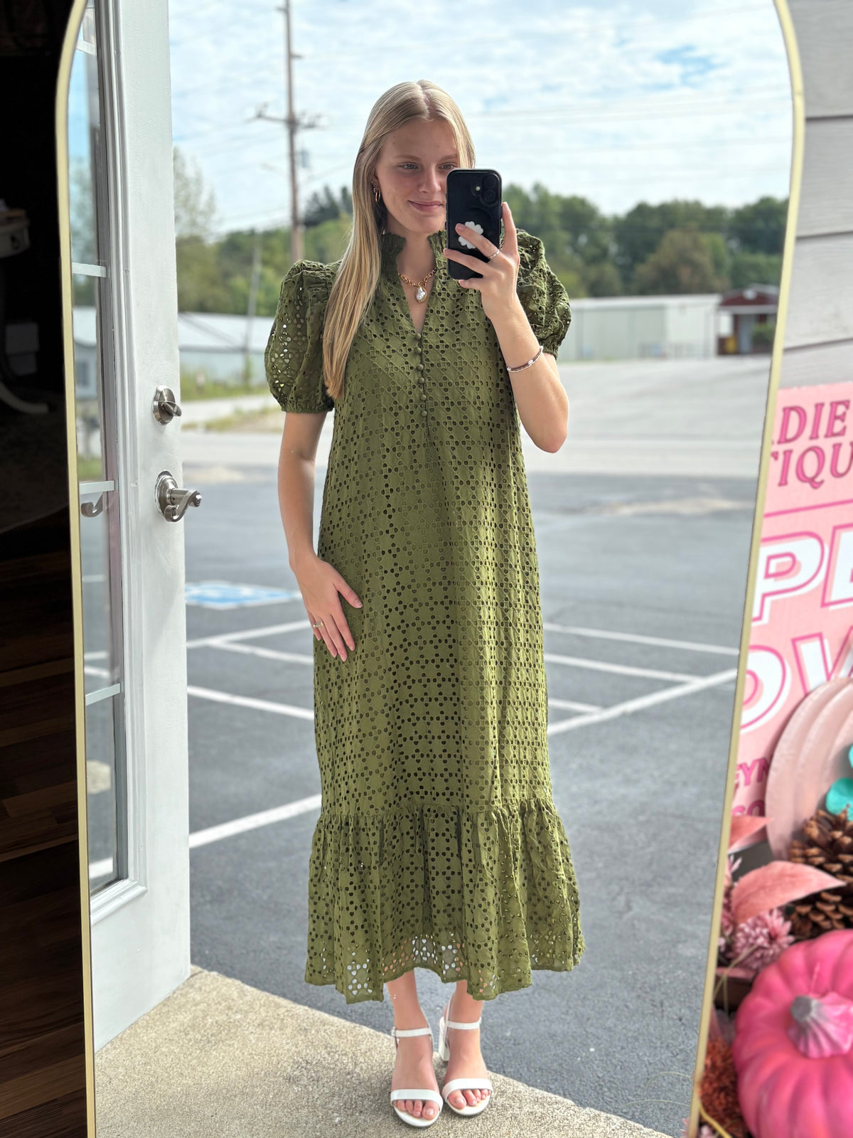 Olive Eyelet Button Midi