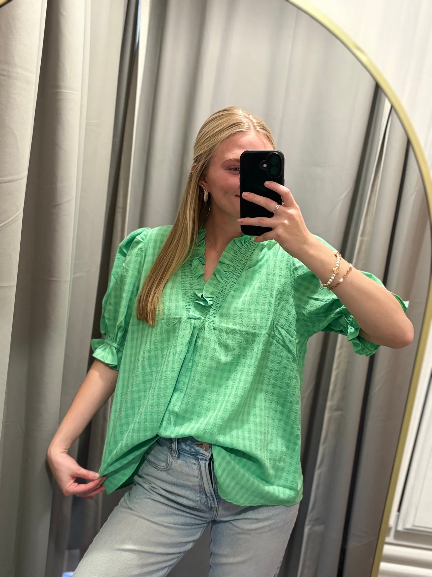 Island Green Smocked Frill Top