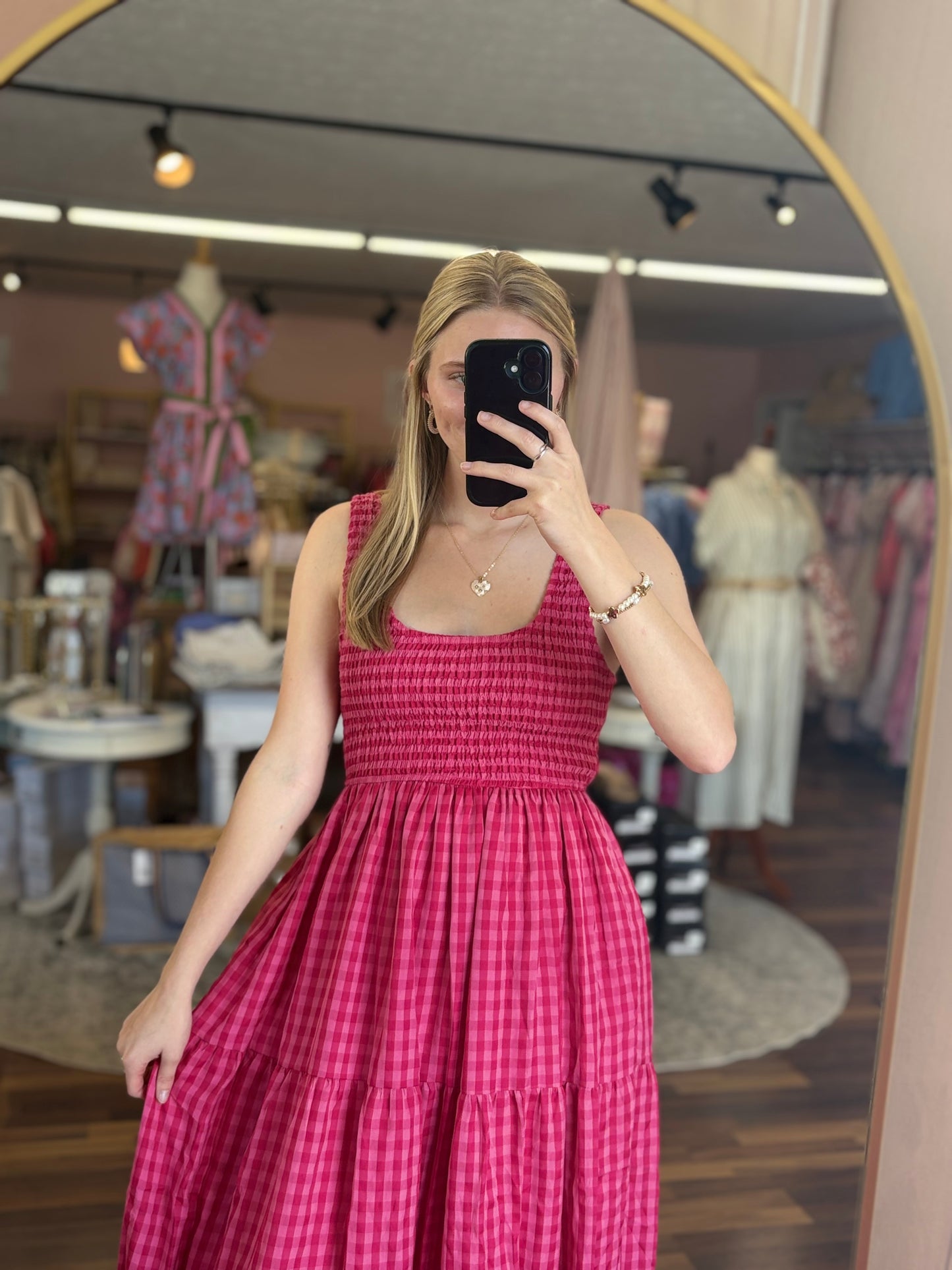 Fushcia Multi Smocked Gingham Maxi