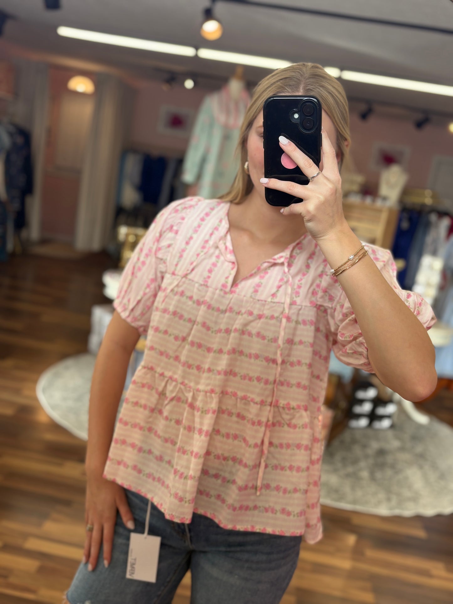 Pink Floral Striped Blouse