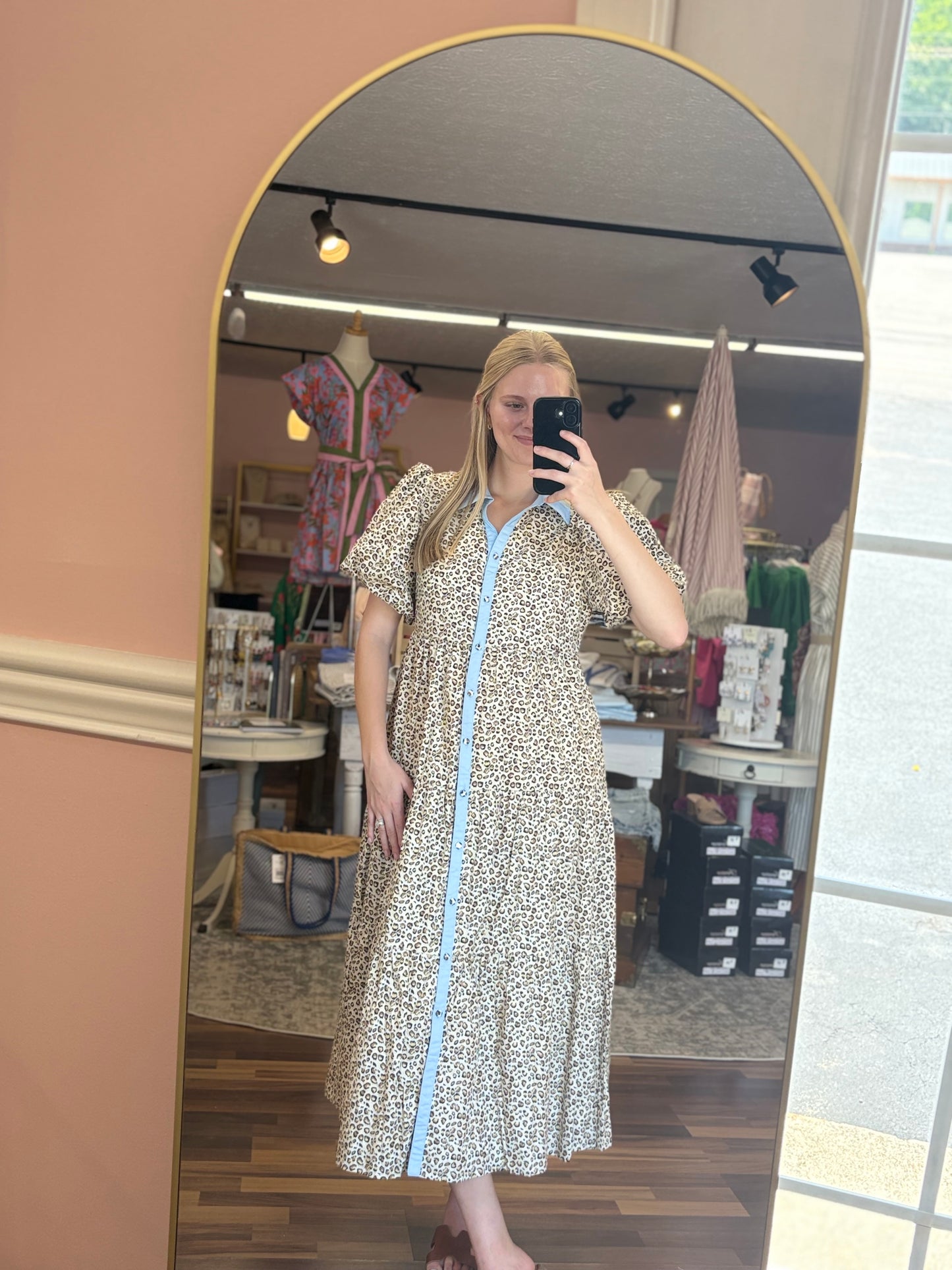 Cheetah Blue Accent Button Midi