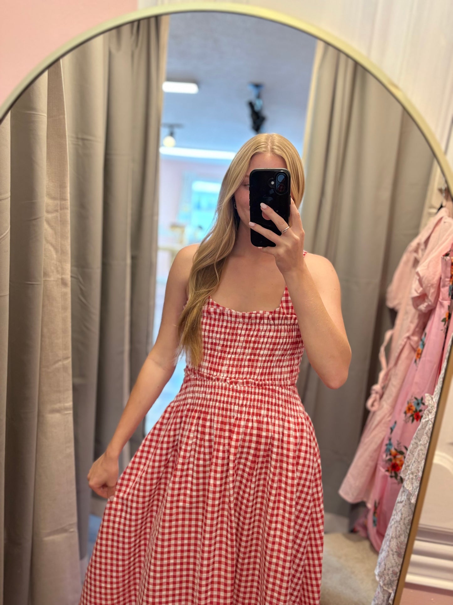 Red Gingham Smocked Midi