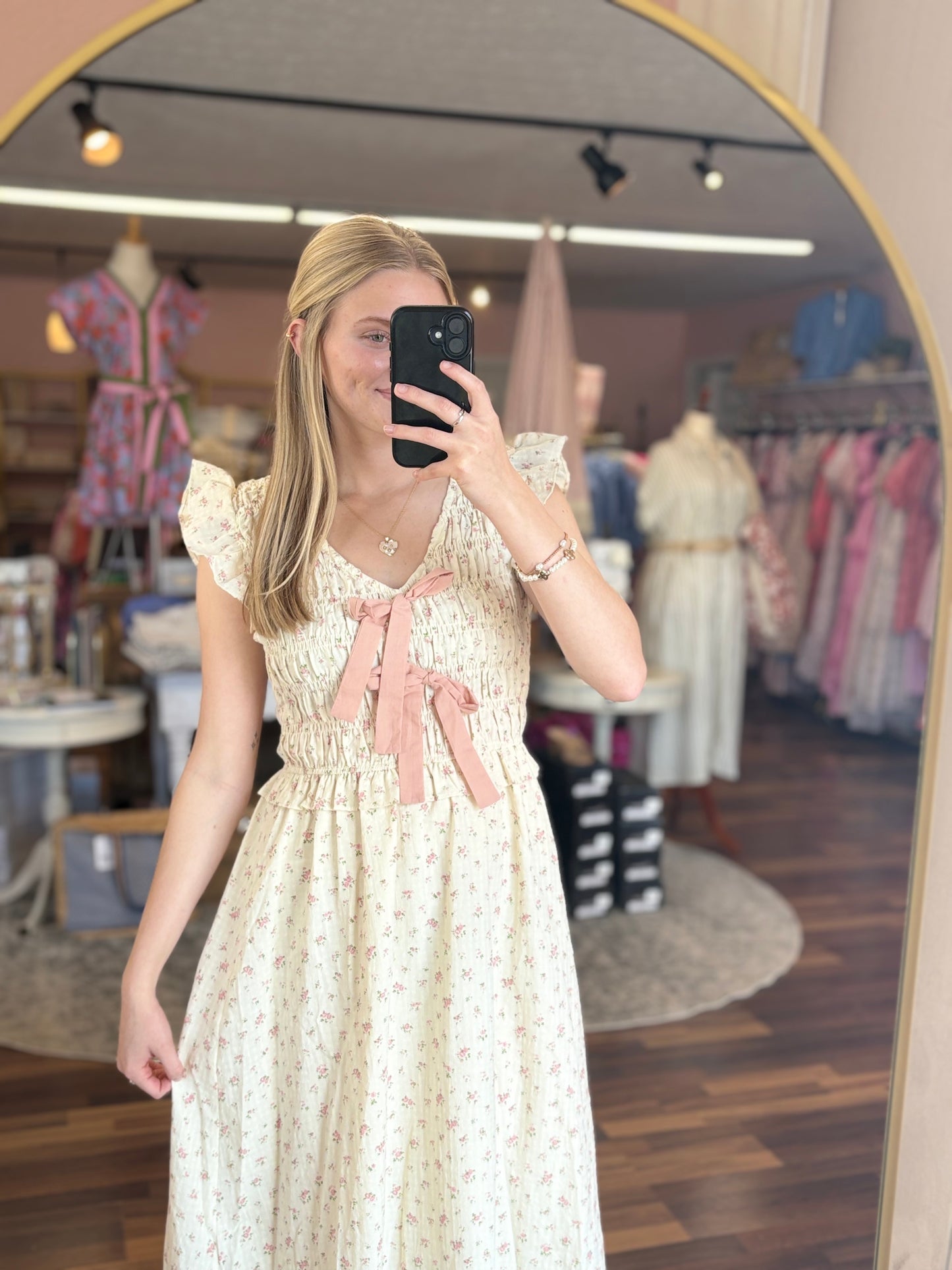 Cream Pink Floral Midi
