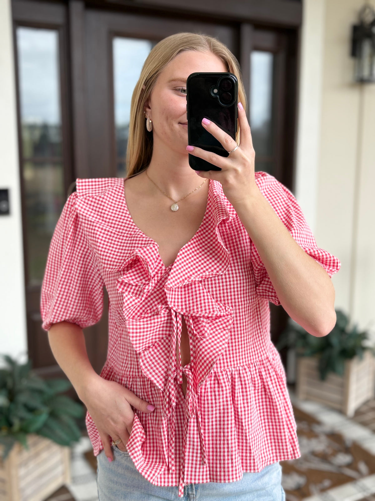 Red Gingham Ruffled Blouse