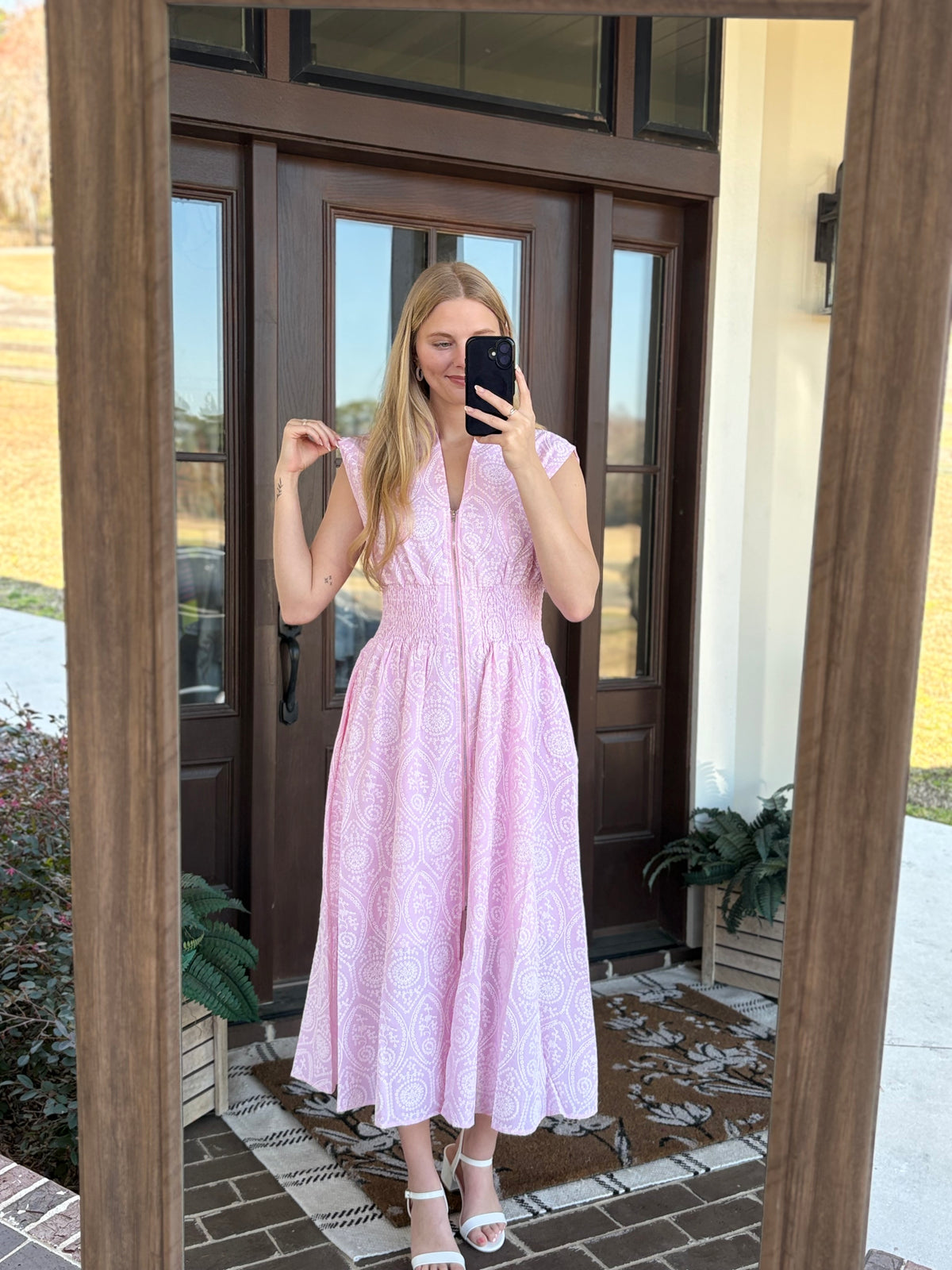 Pink Smocked Eyelet Midi