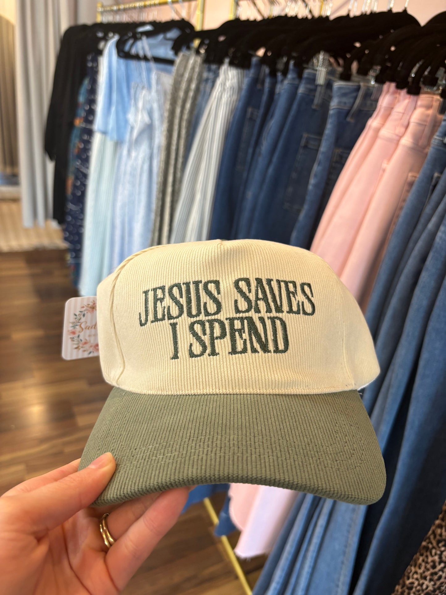 Jesus Saves I Spend, forest green