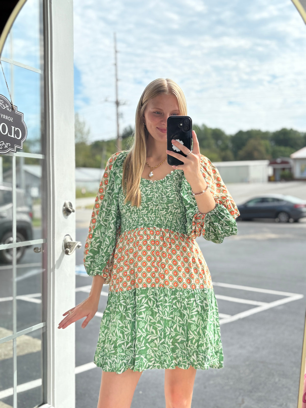 Green Multi Color Smocked Mini