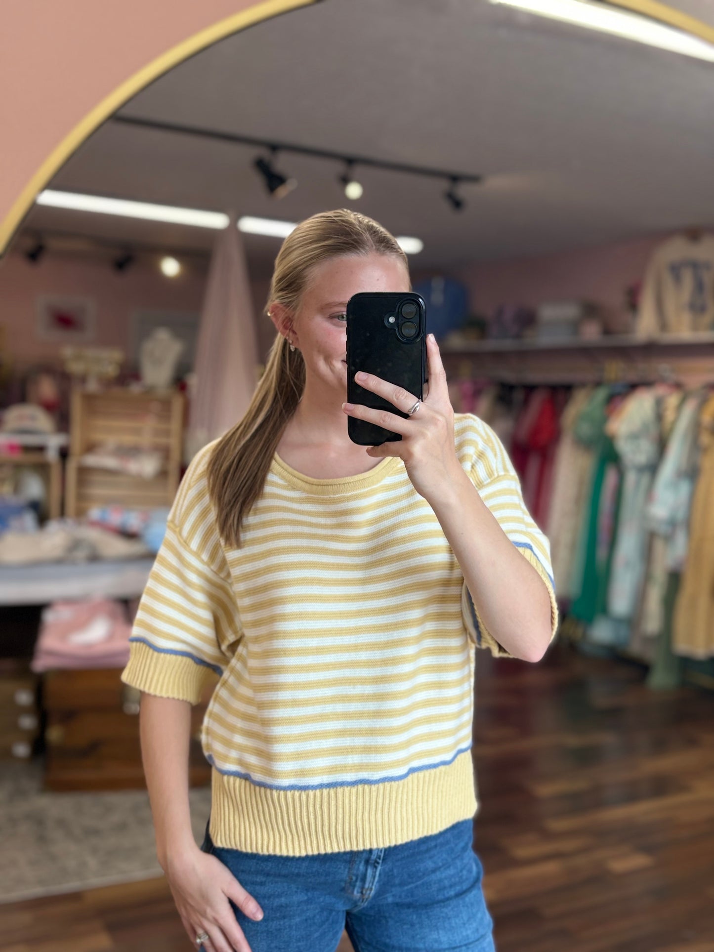 Butter Yellow Stripe Raw Trim Sweater