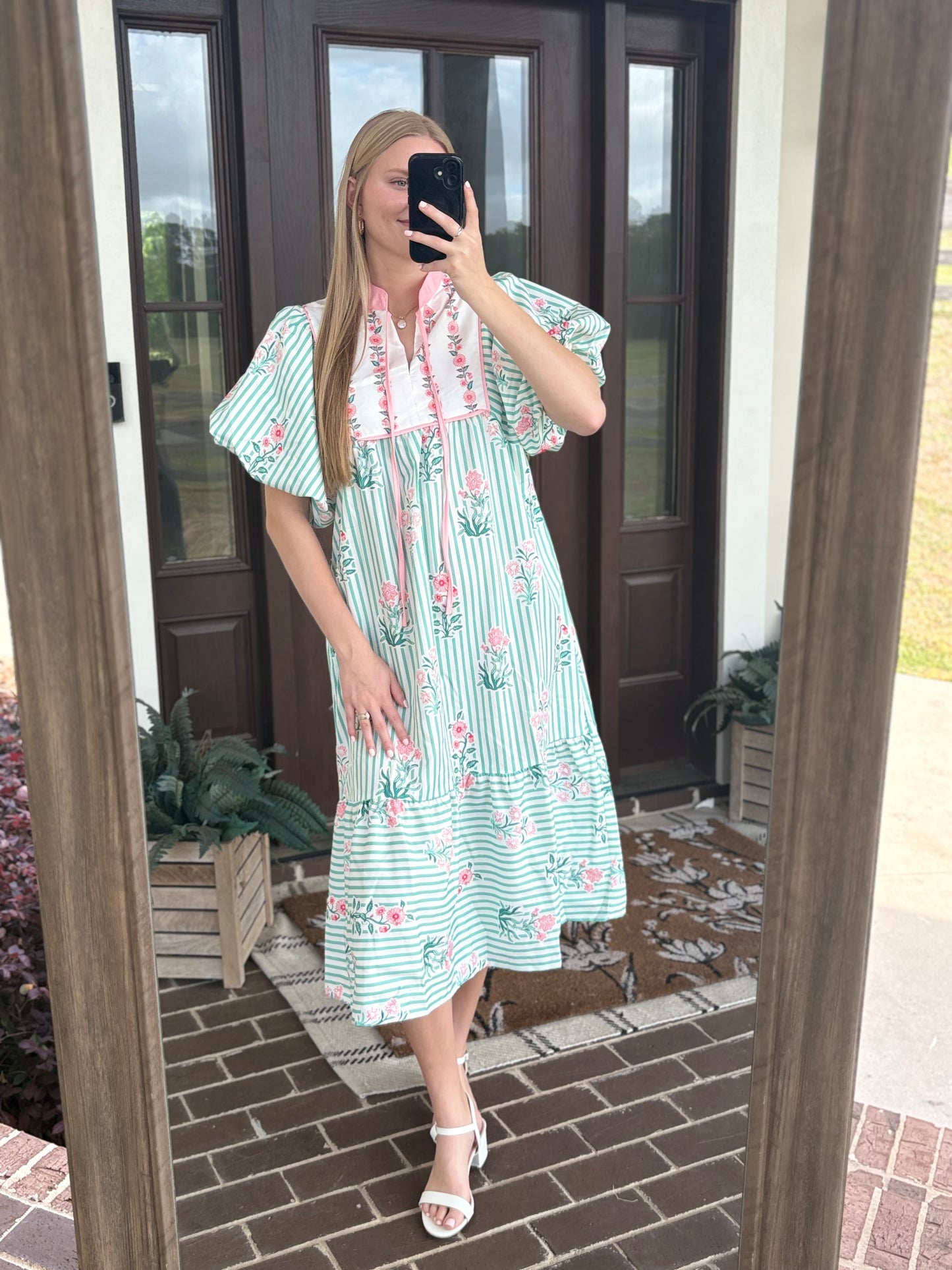 Mint Striped Bubble Sleeve Dress