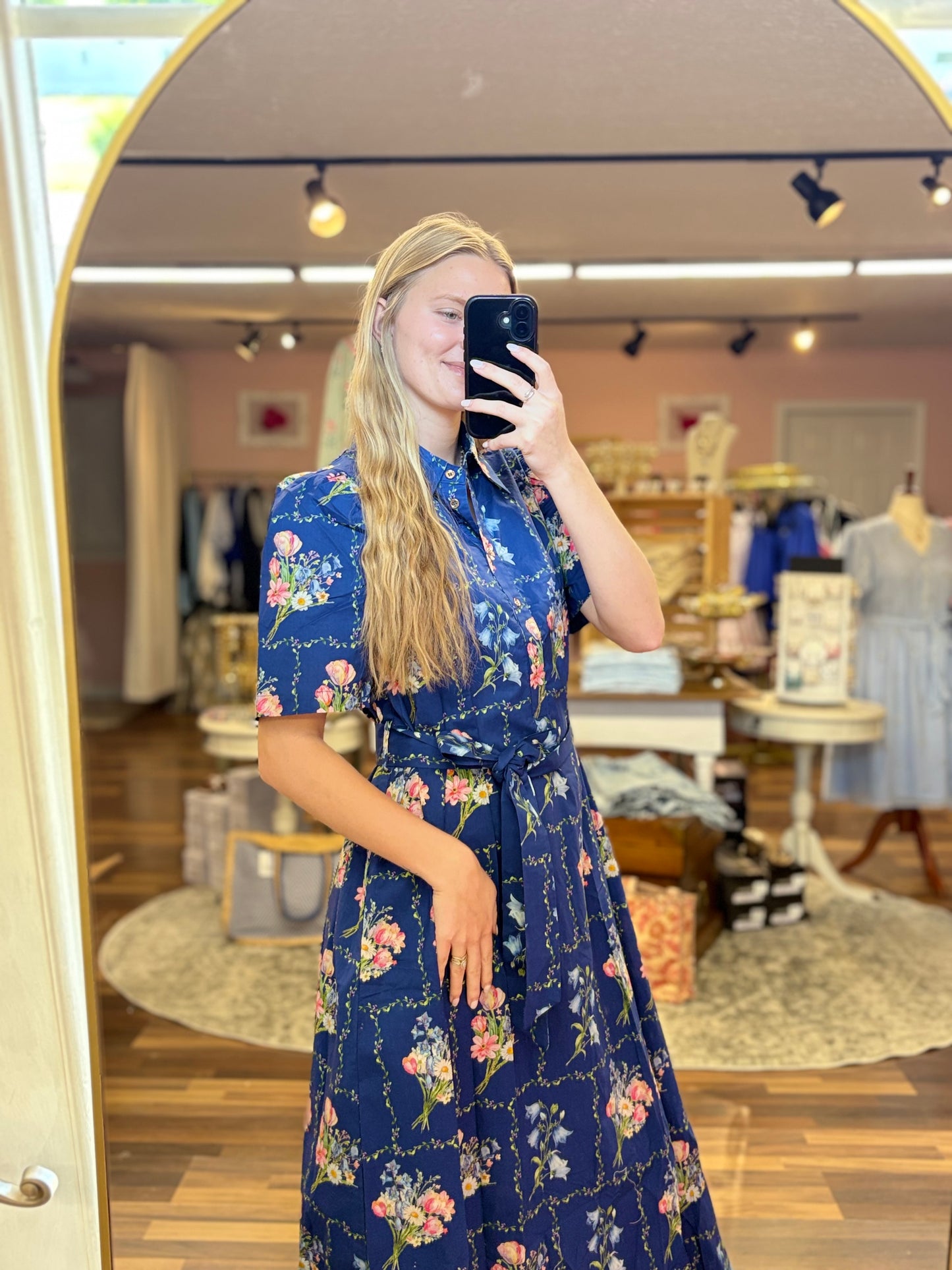 Navy Floral Tie Midi Dress
