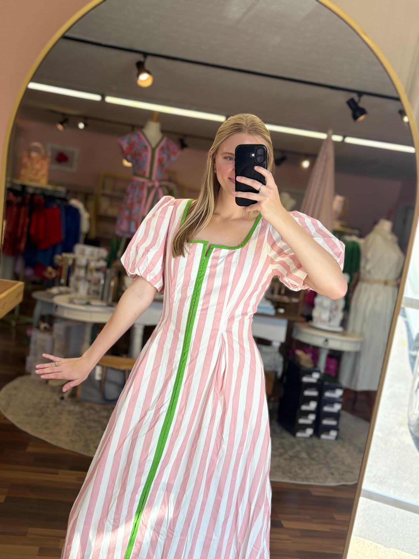 Pink Striped Green Trim Midi