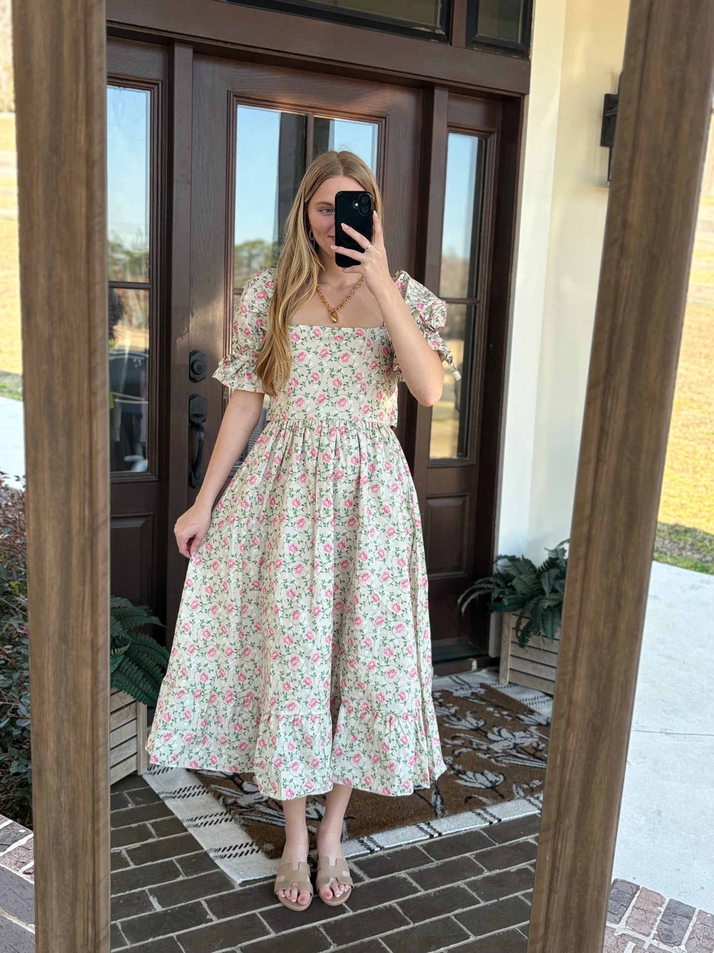 Taupe Pink Floral Flare Midi