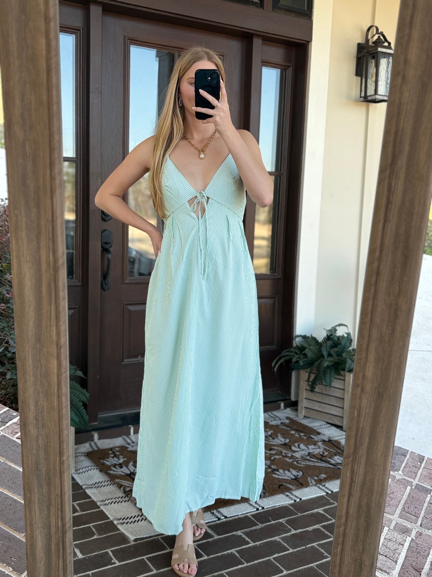 Green/White Striped Midi