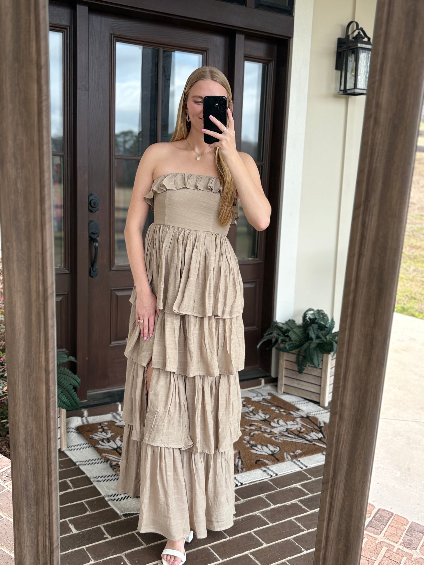 Taupe Ruffle Strapless Midi