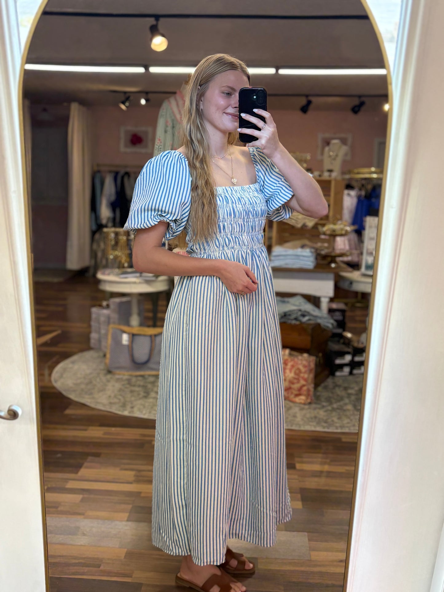 Blue Puff Sleeve Striped Midi
