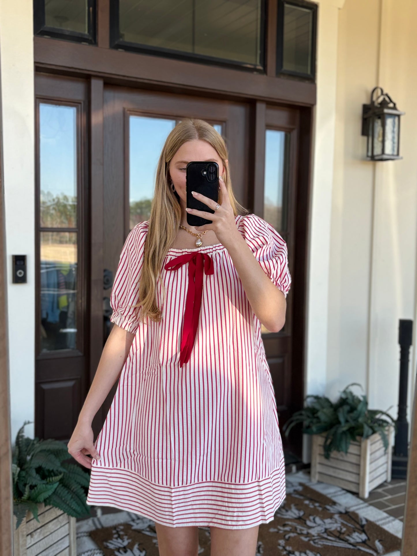 Striped Tie Mini Dress, Red
