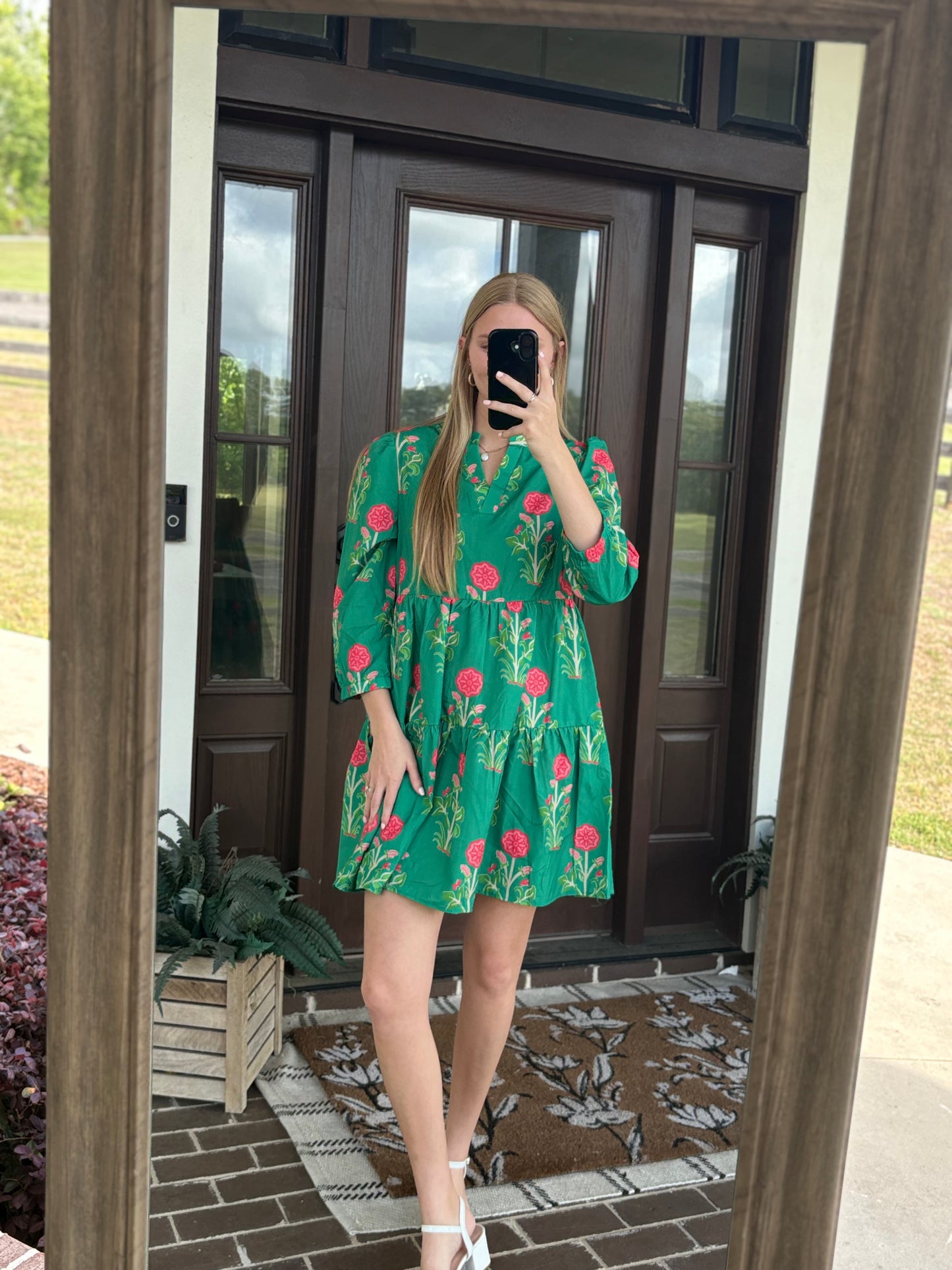 Green Long Sleeve V-neck Mini