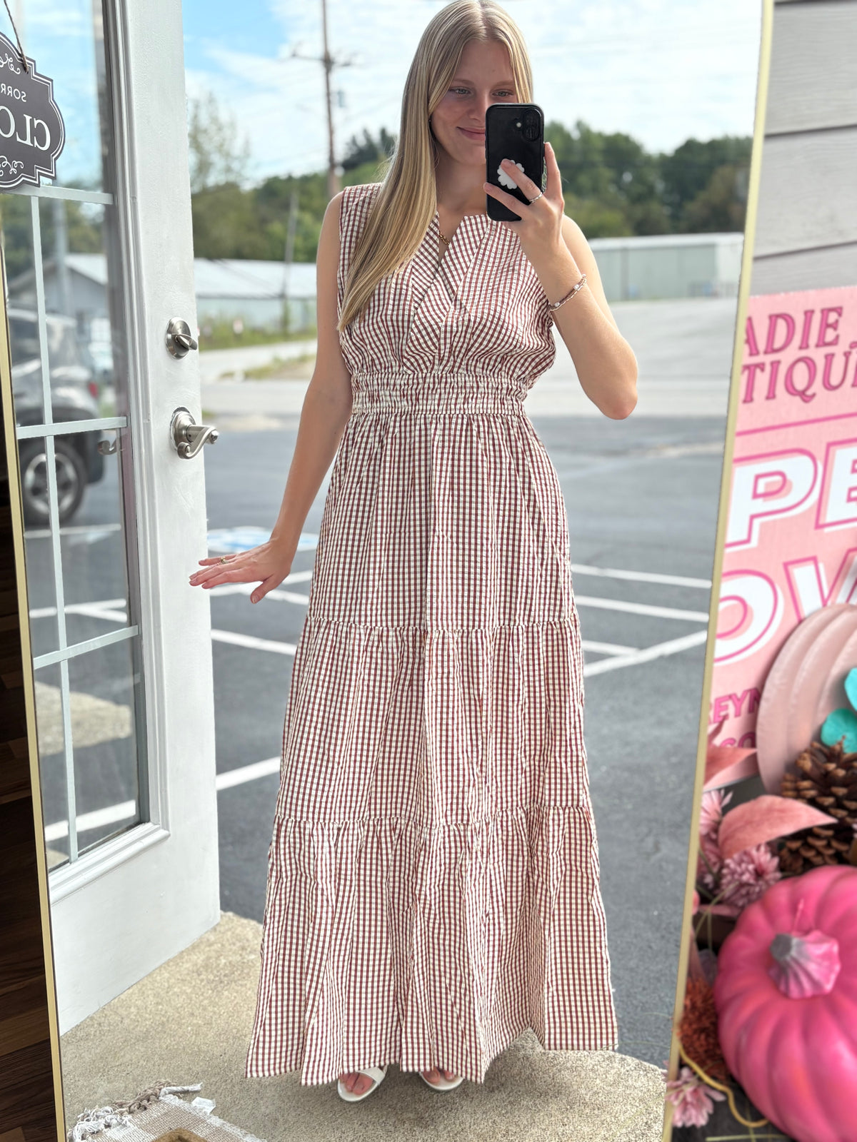 Brown Sleeveless Woven Gingham Maxi
