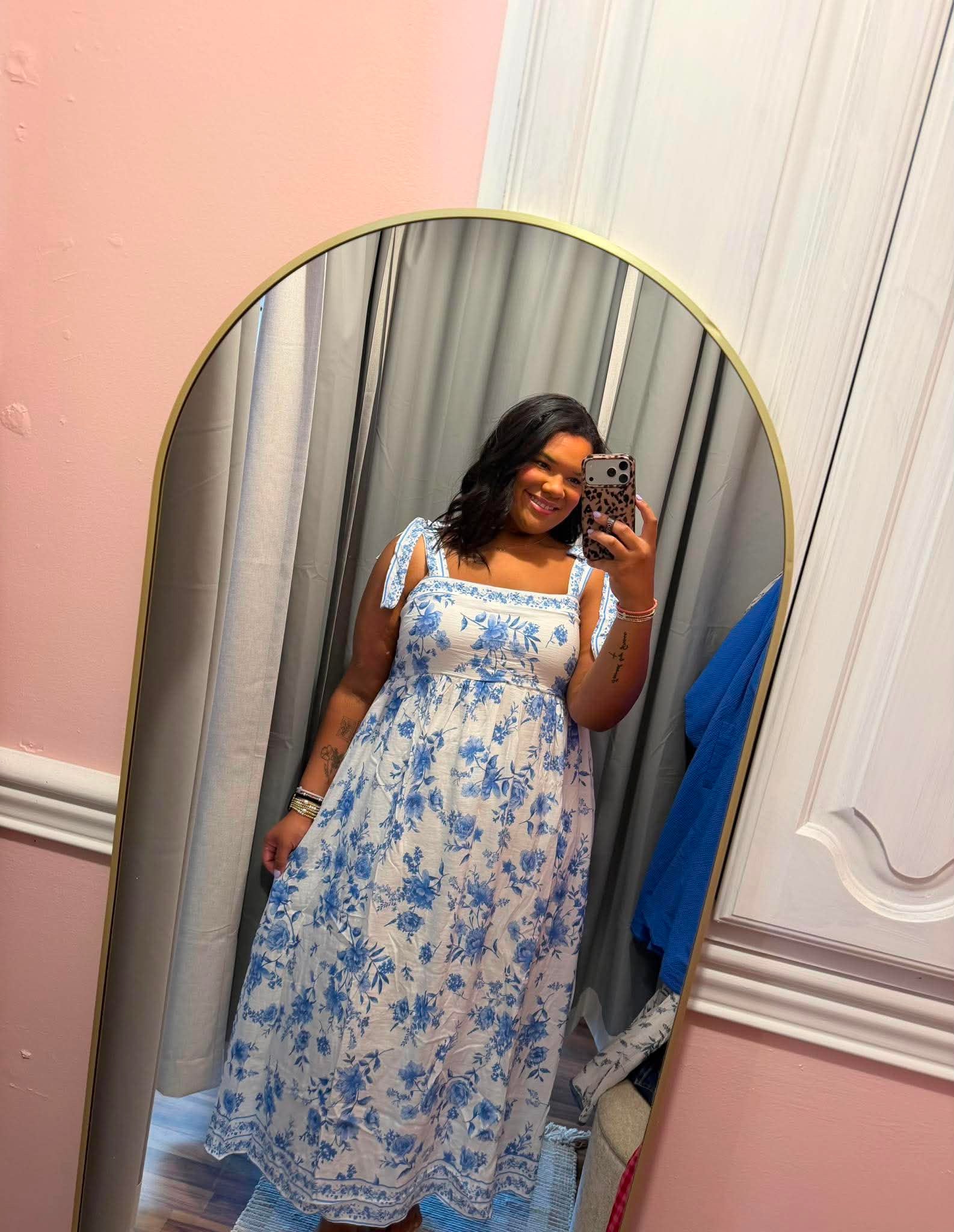 blue floral dress with tie straps Strap Midi, CURVY Size:Personalized Size Imported. collection-accessories Modest Long Sleeve Bridal