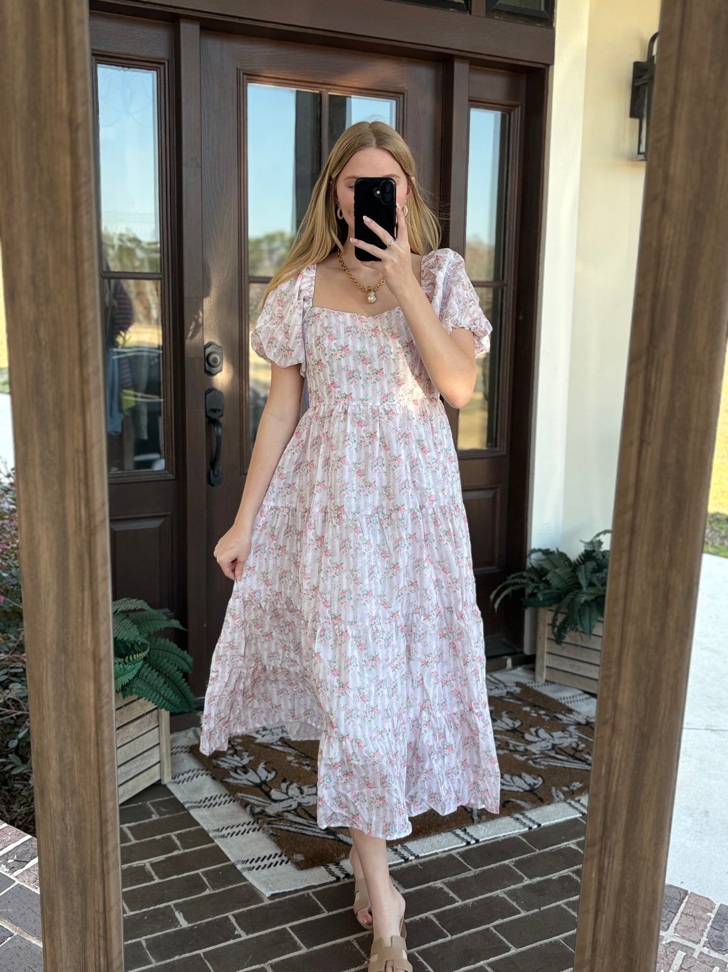 LT Pink Floral Bubble Sleeve Midi