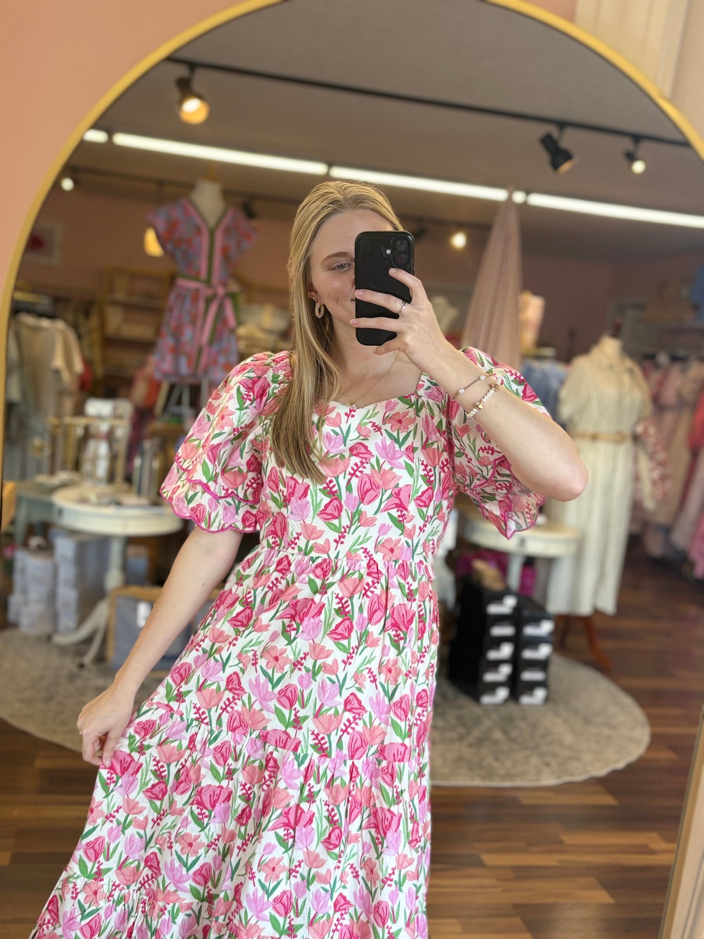 Pink Floral Piped Tulip Midi