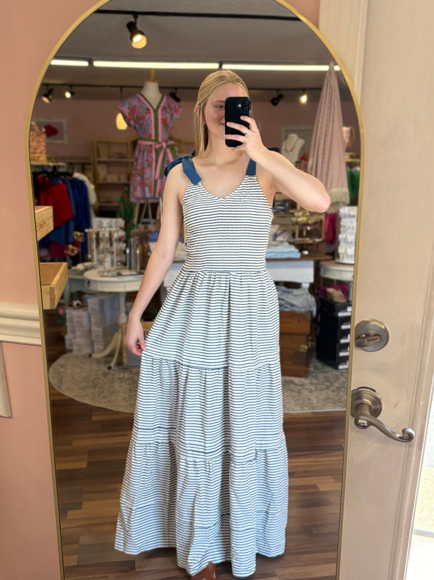 Navy Tie Smocked Dress