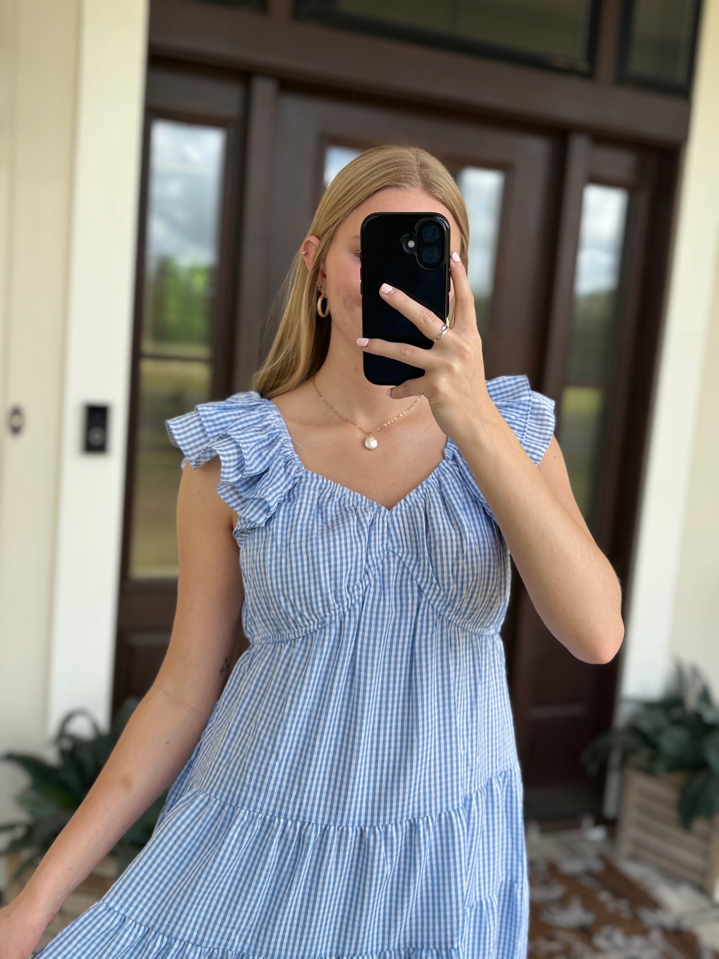 Blue Gingham Tiered Midi