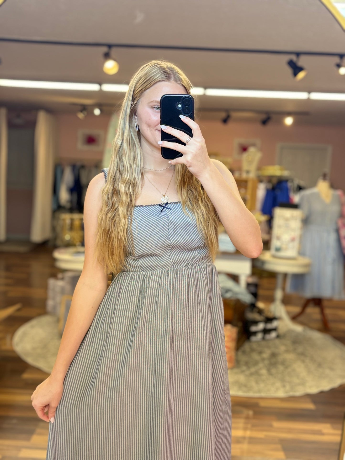 Navy Striped Square Neck Midi