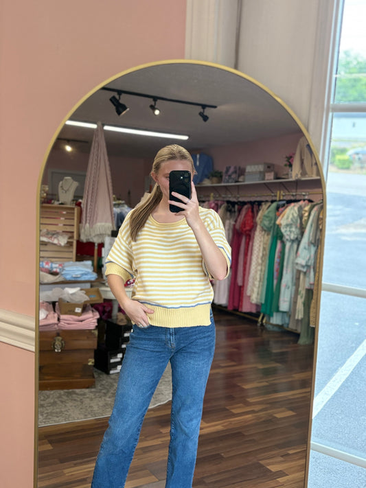 Butter Yellow Stripe Raw Trim Sweater