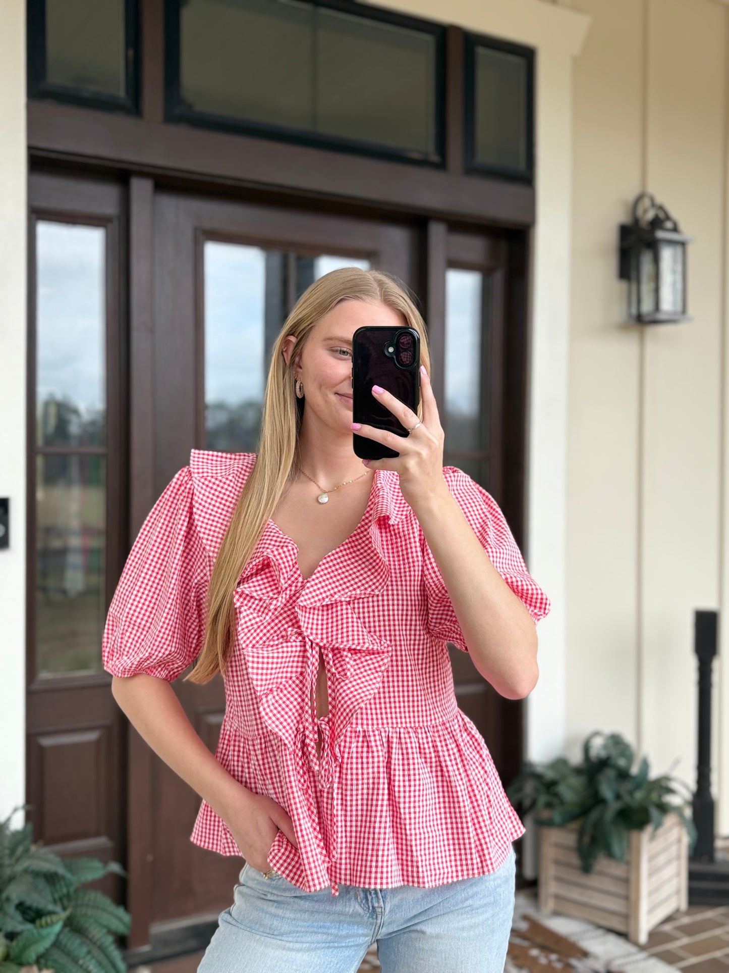 Red Gingham Ruffled Blouse