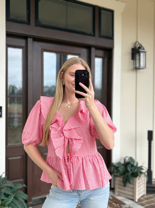 Red Gingham Ruffled Blouse