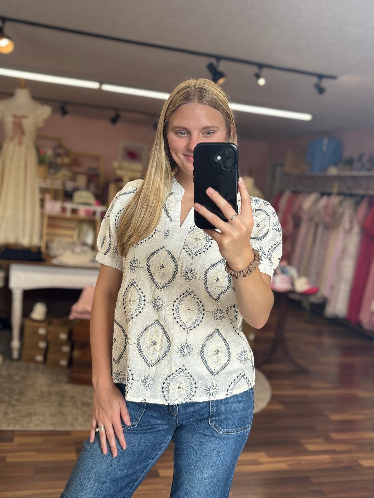Embroidered Woven Puff Sleeve Top