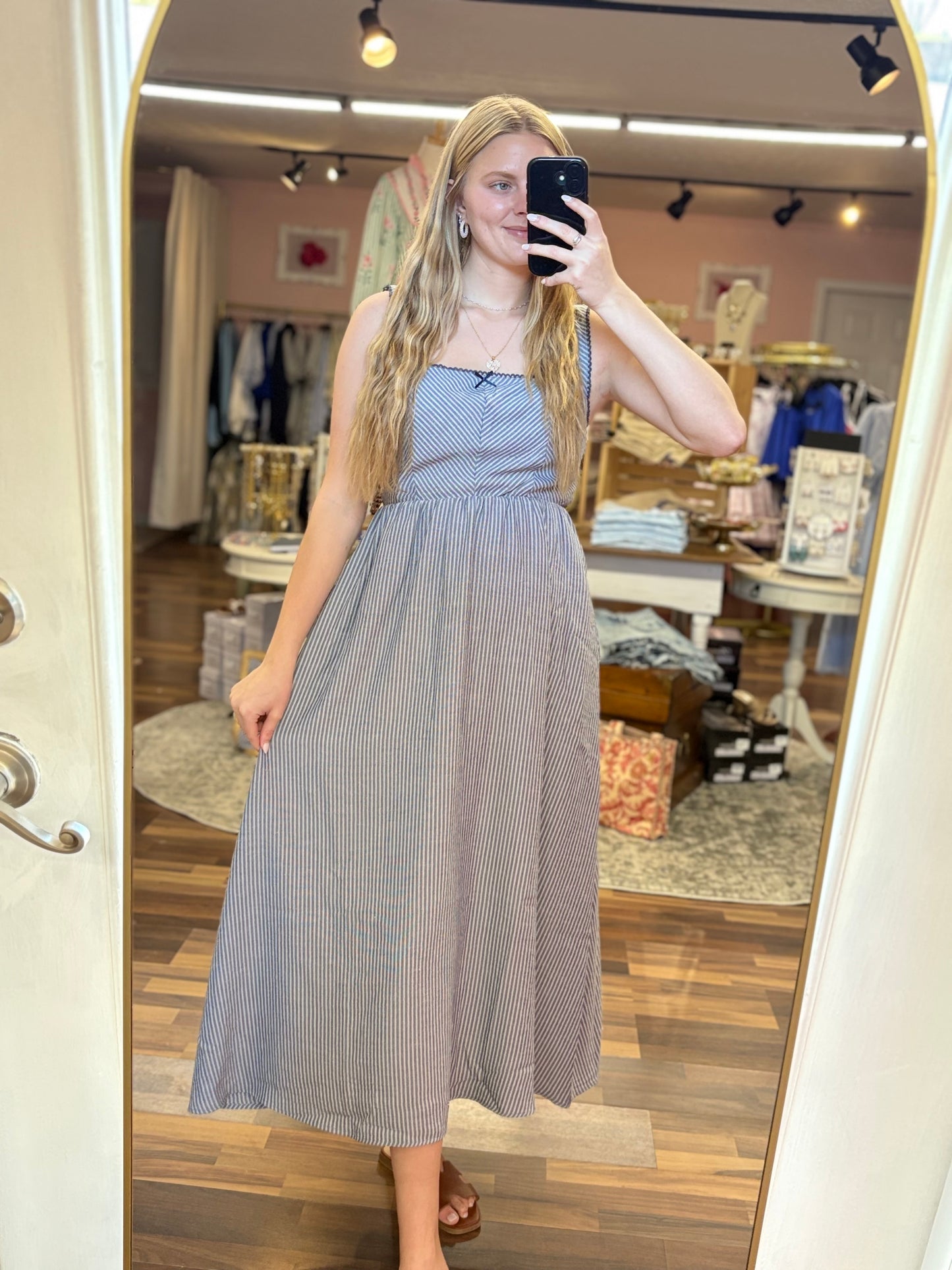 Navy Striped Square Neck Midi