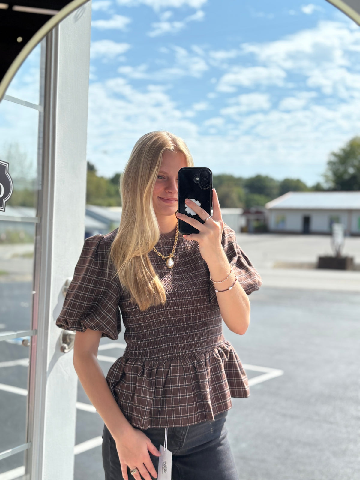 Brown Short Puff Sleeve Smocked Top