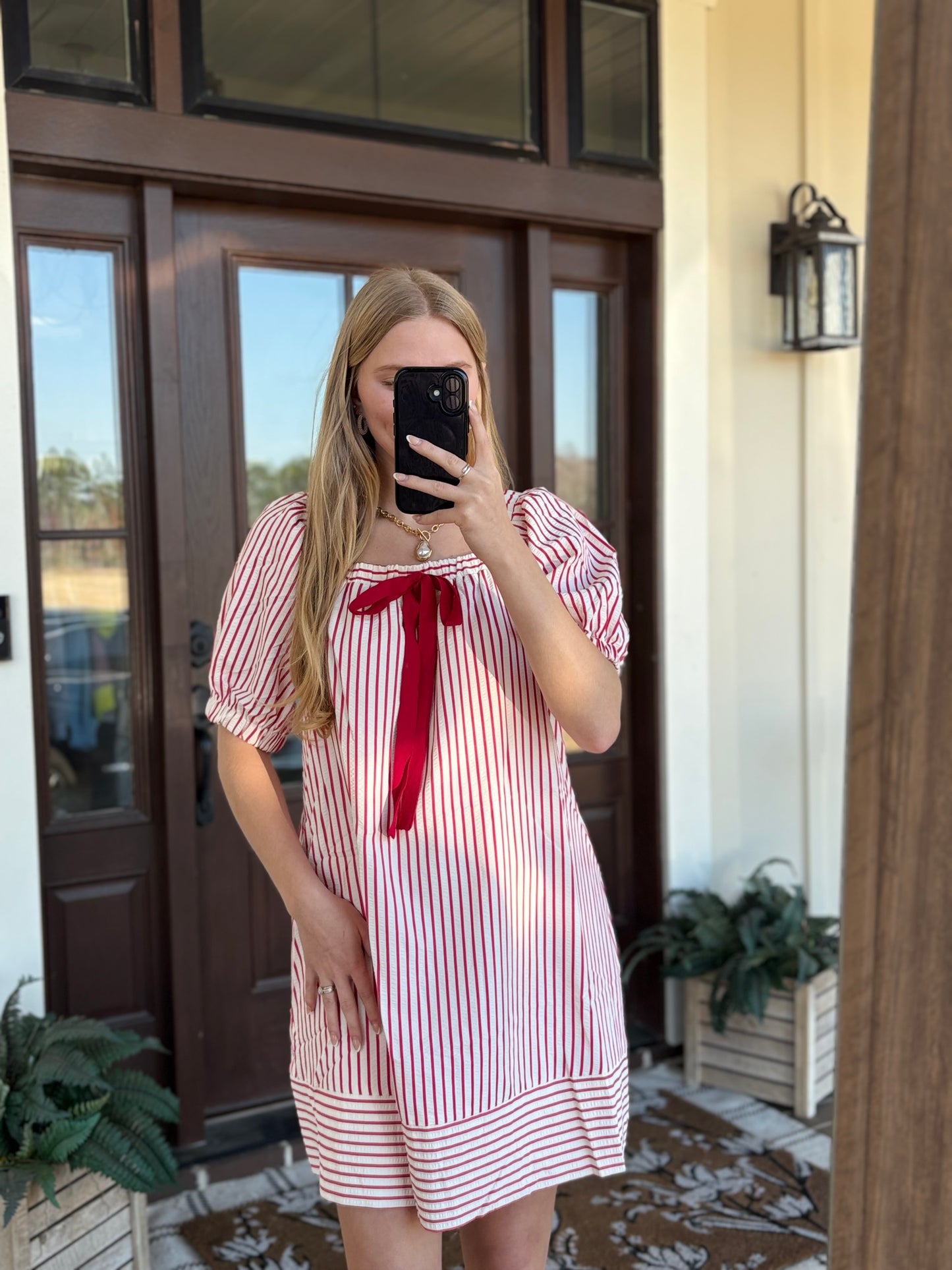 Striped Tie Mini Dress, Red