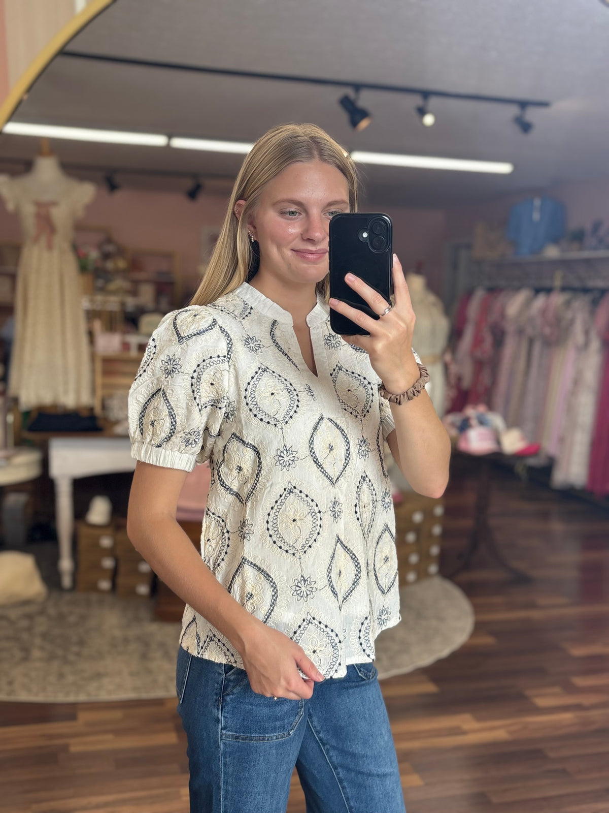 Embroidered Woven Puff Sleeve Top
