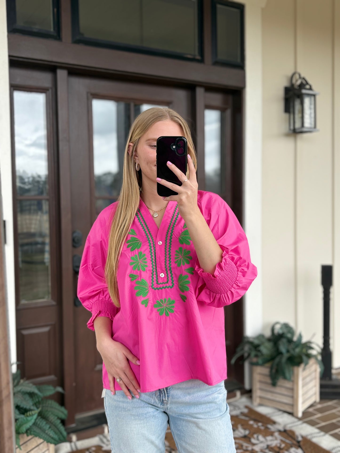 Hot Pink, Green Floral Blouse