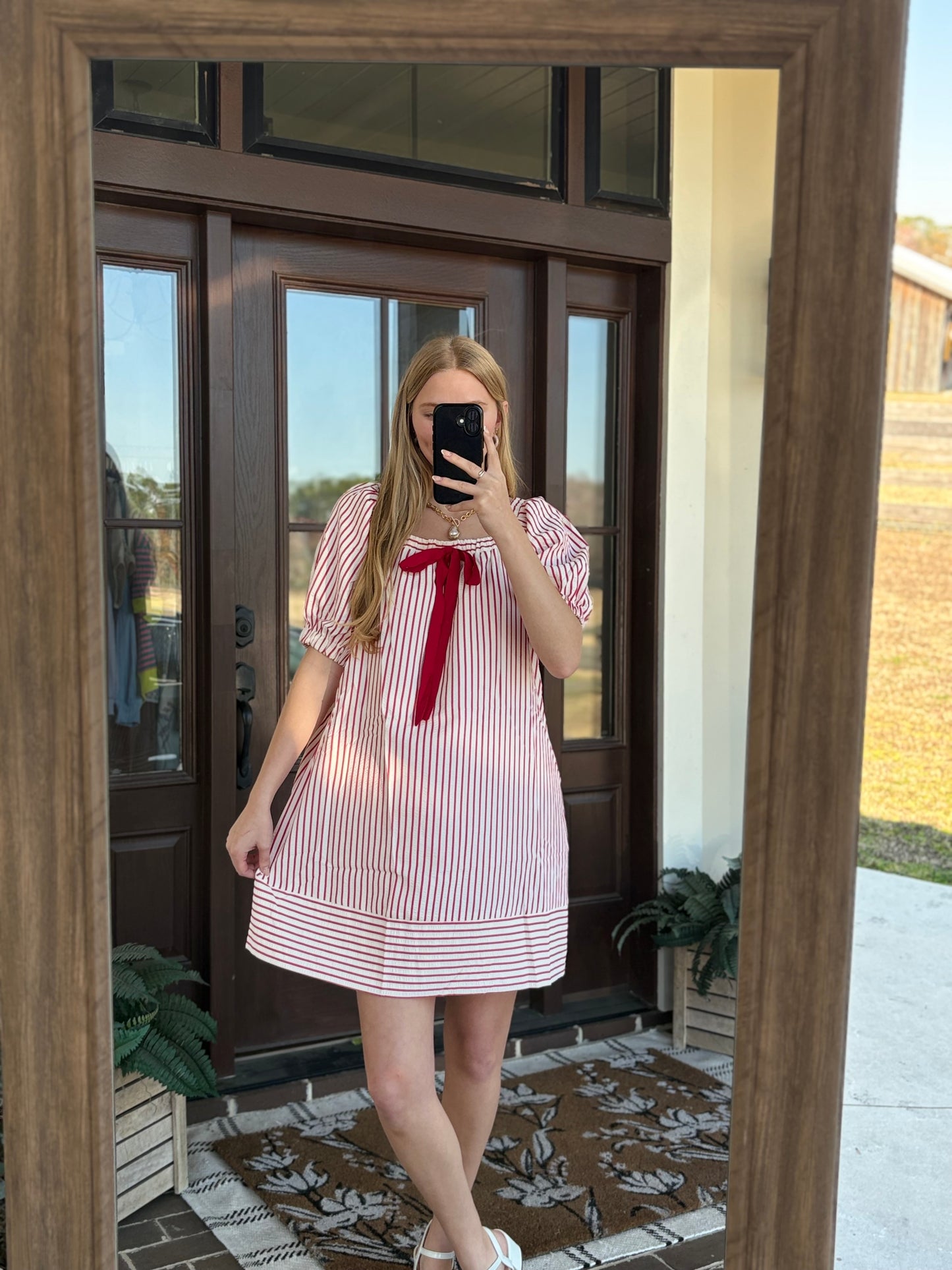 Striped Tie Mini Dress, Red