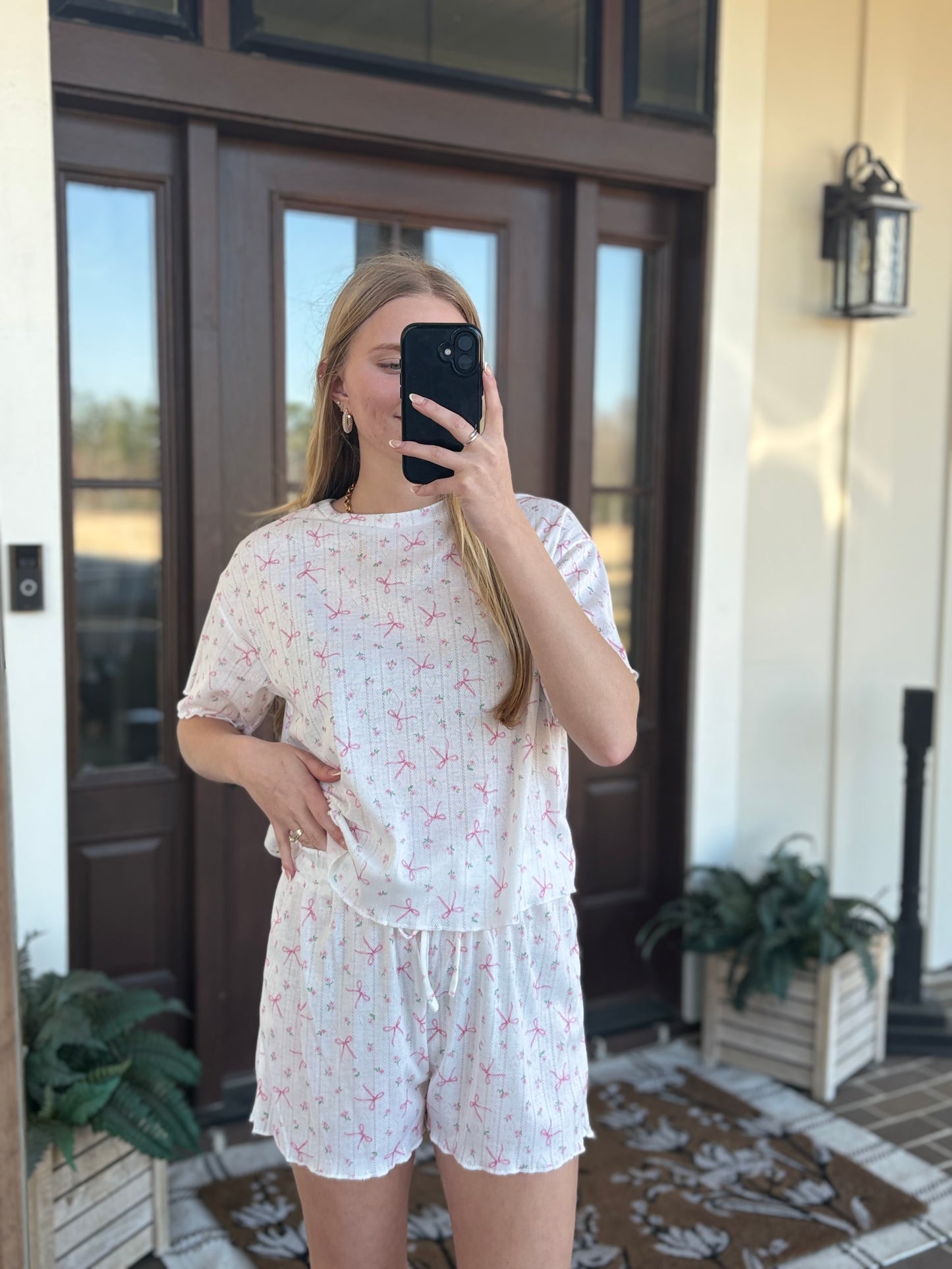 Bow and Floral Rib Knit Lounge Set