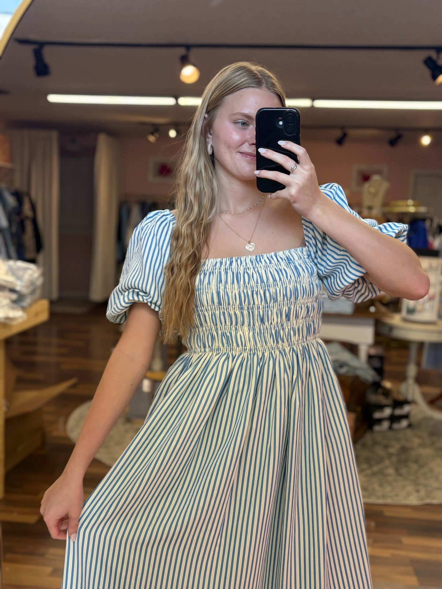 Blue Puff Sleeve Striped Midi