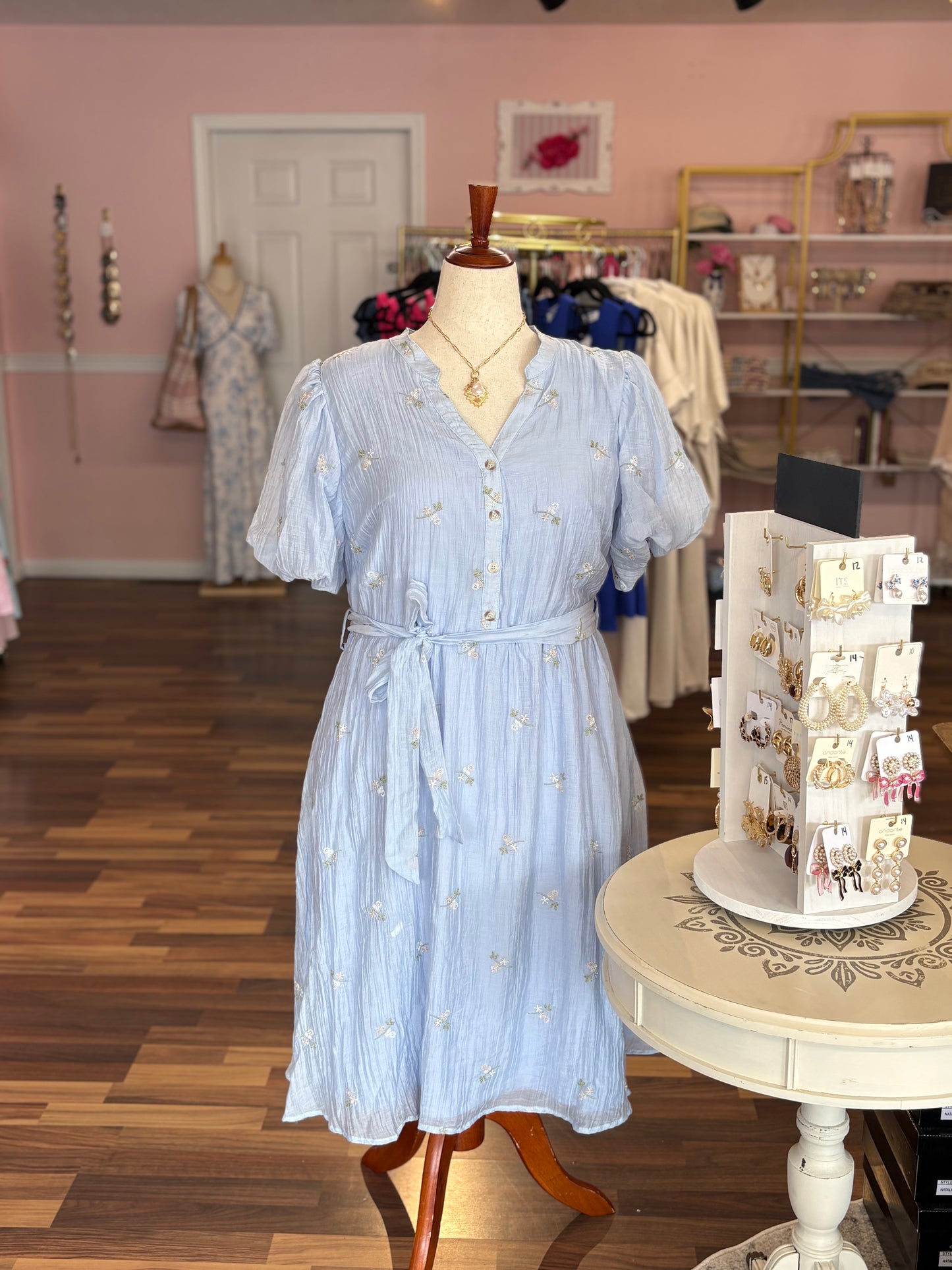 Flower Embroidered Tie Dress