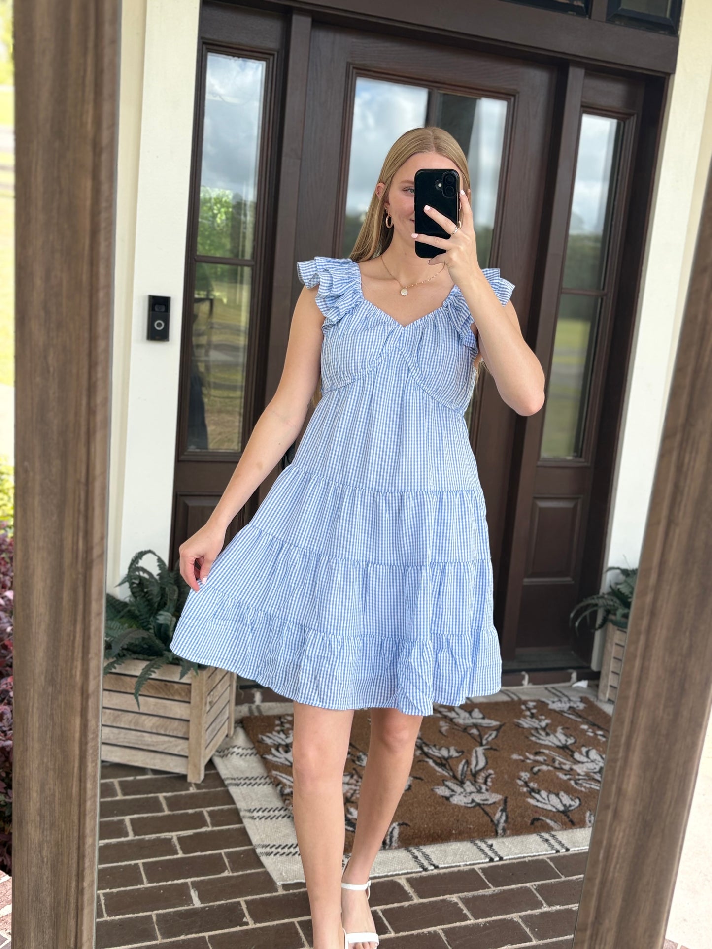 Blue Gingham Tiered Midi