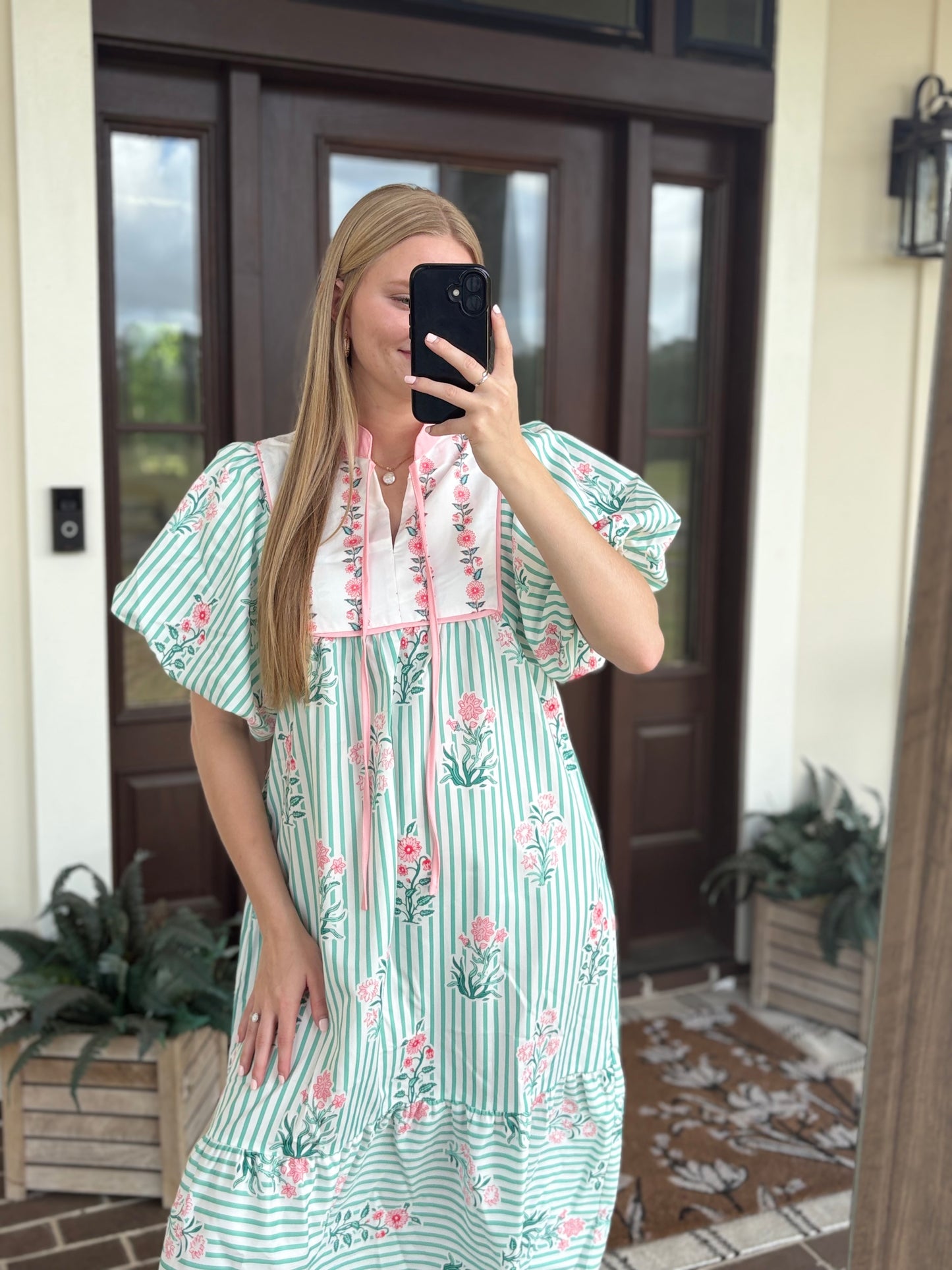 Mint Striped Bubble Sleeve Dress