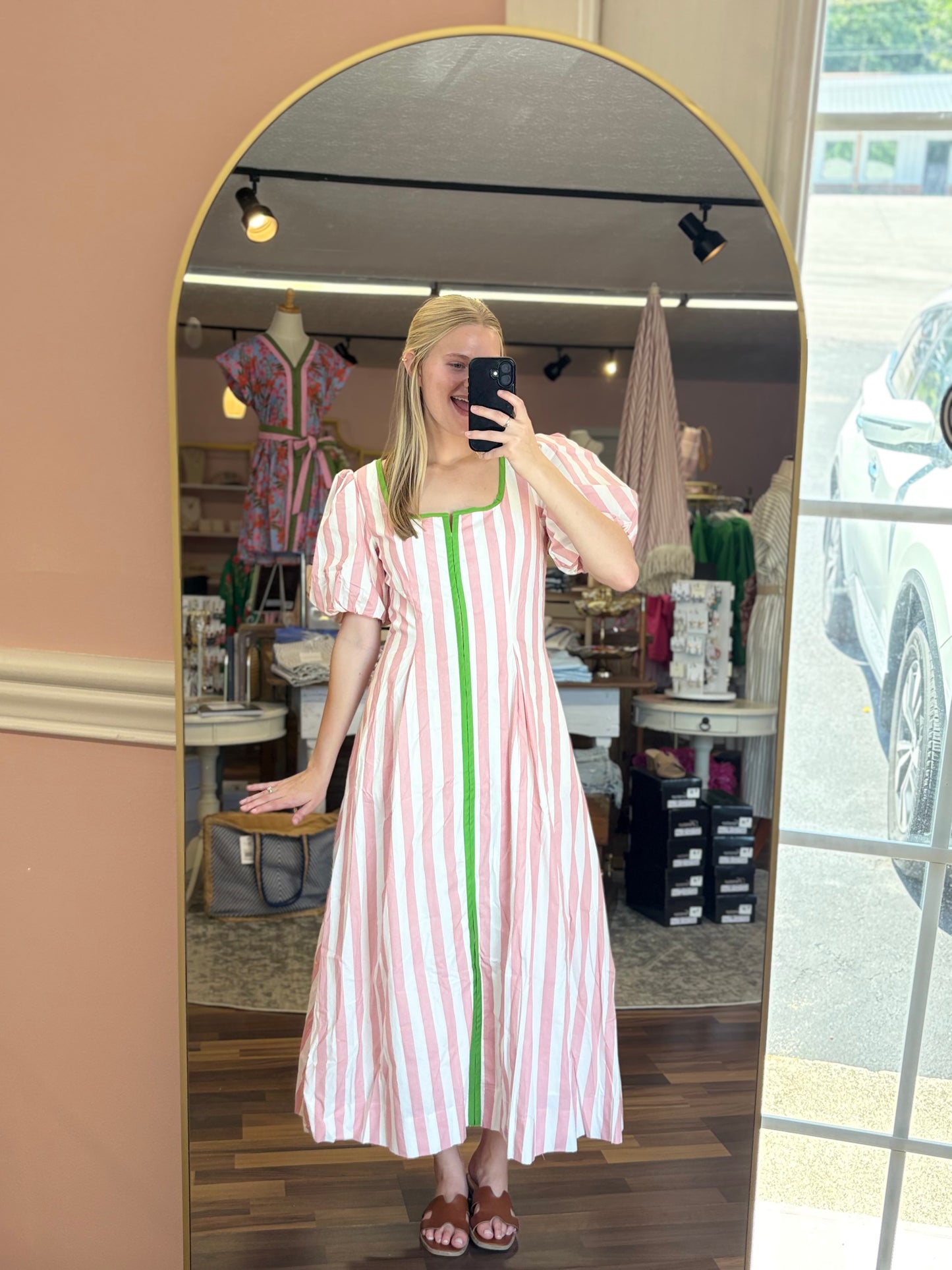 Pink Striped Green Trim Midi