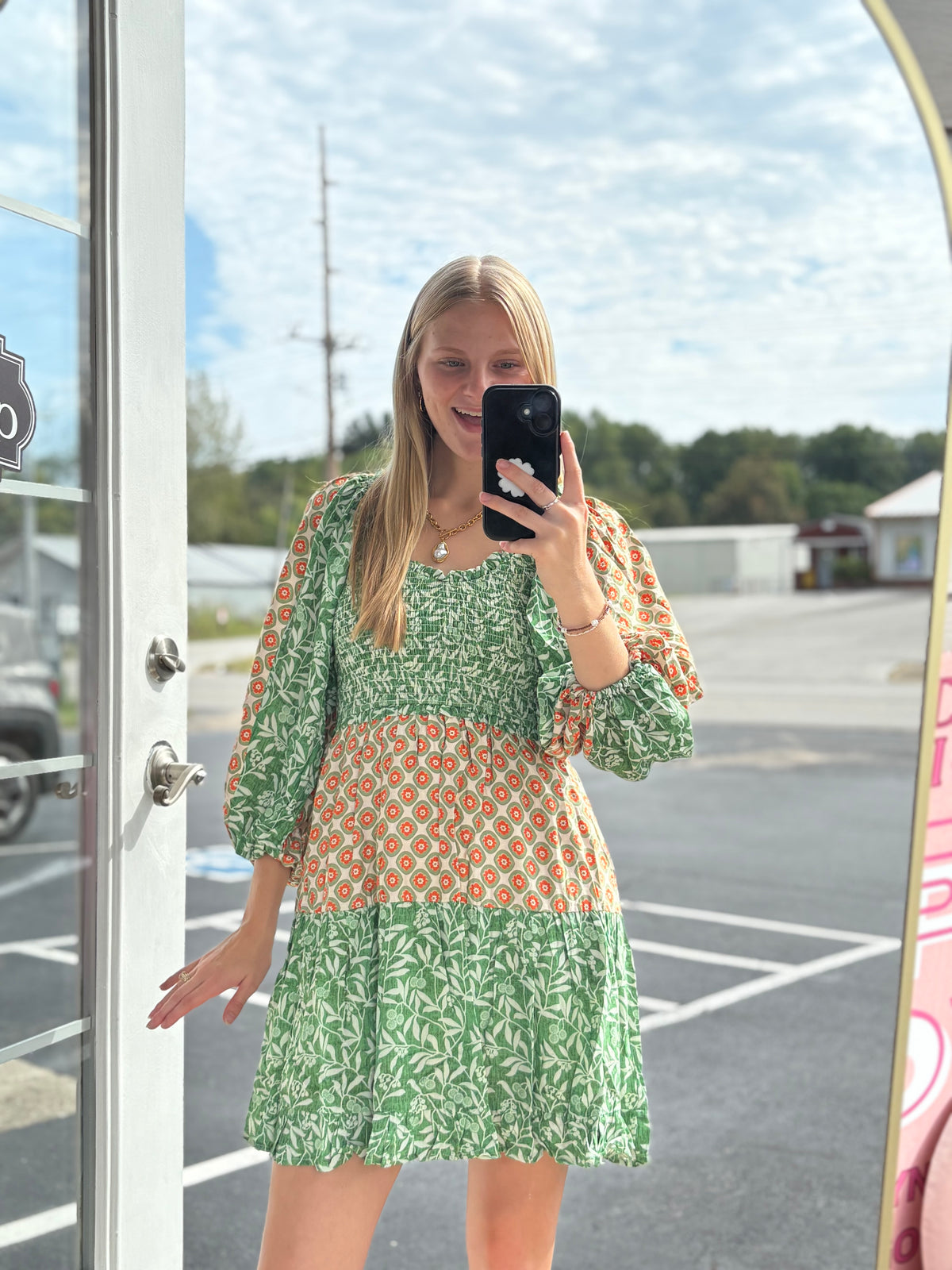 Green Multi Color Smocked Mini