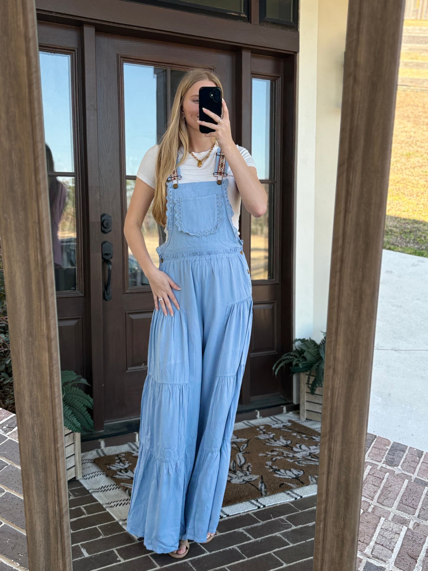 Lace Trim Sleeveless Jumpsuit, Denim