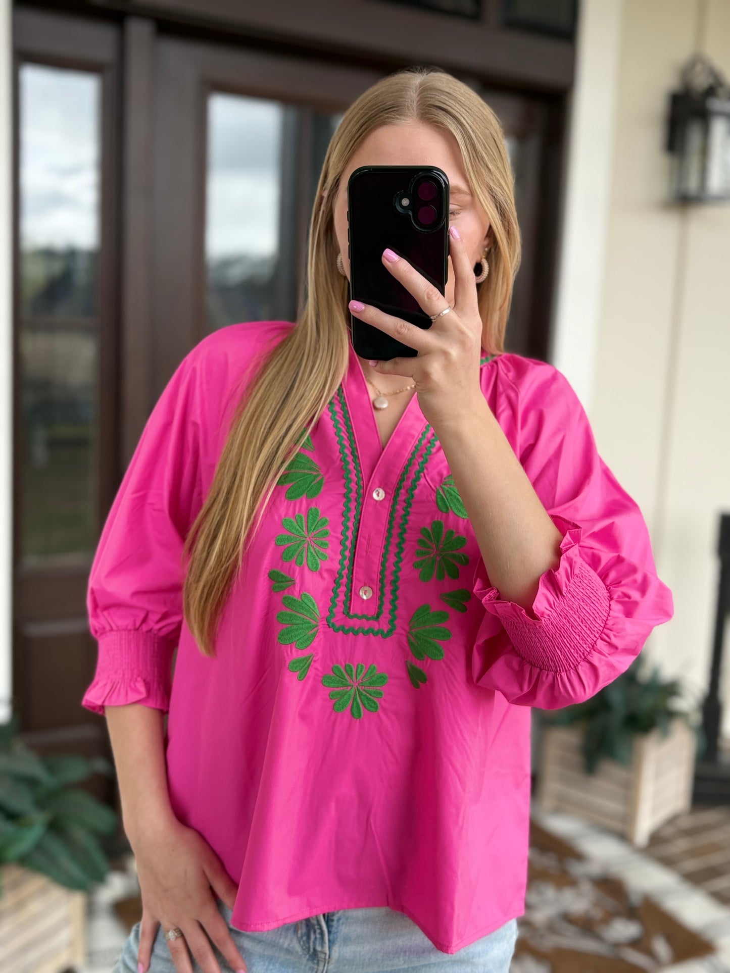 Hot Pink, Green Floral Blouse