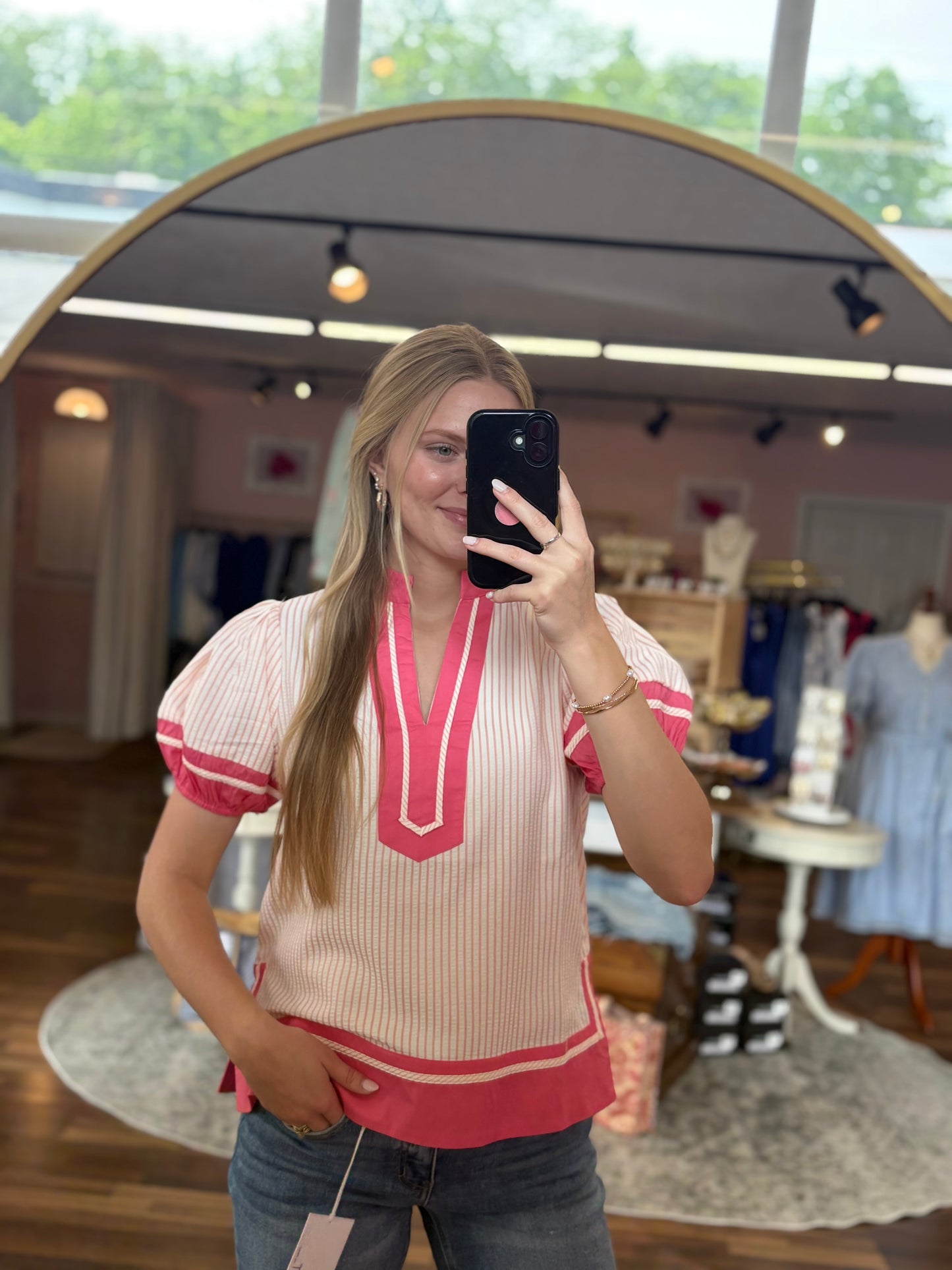 Pink Striped Contrast Blouse