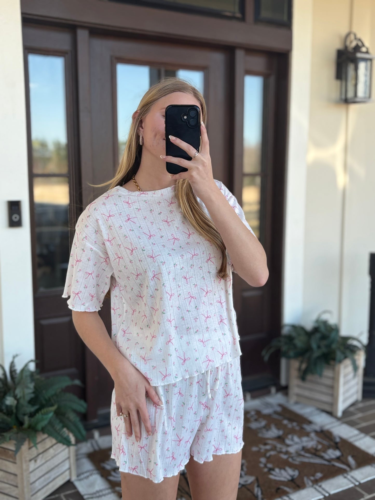 Bow and Floral Rib Knit Lounge Set