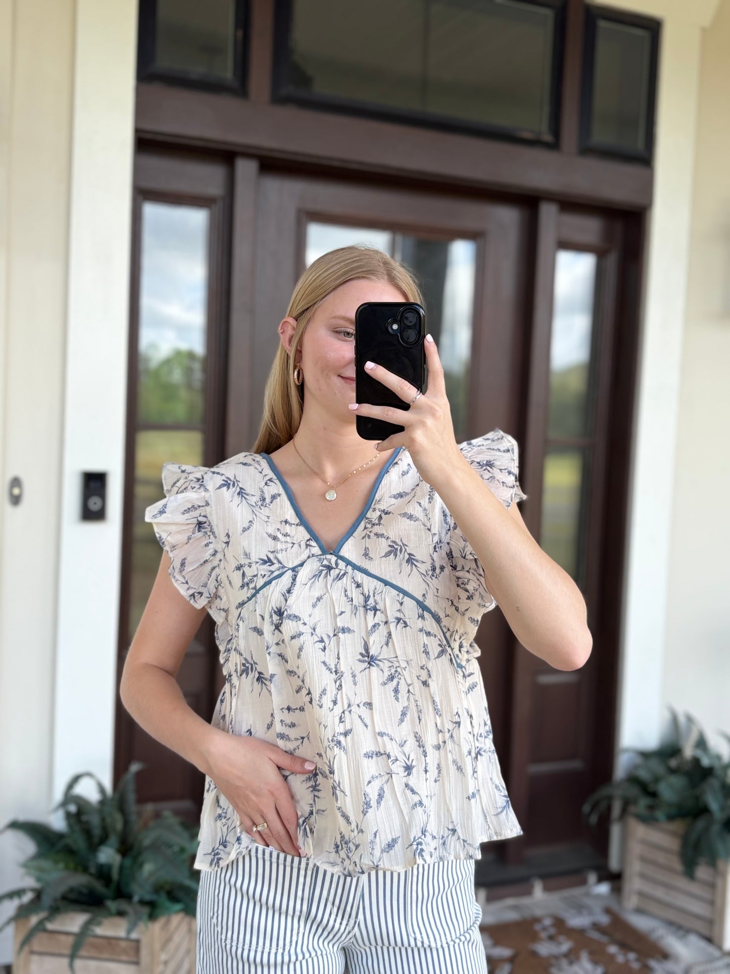Piped Floral Ruffle Tank